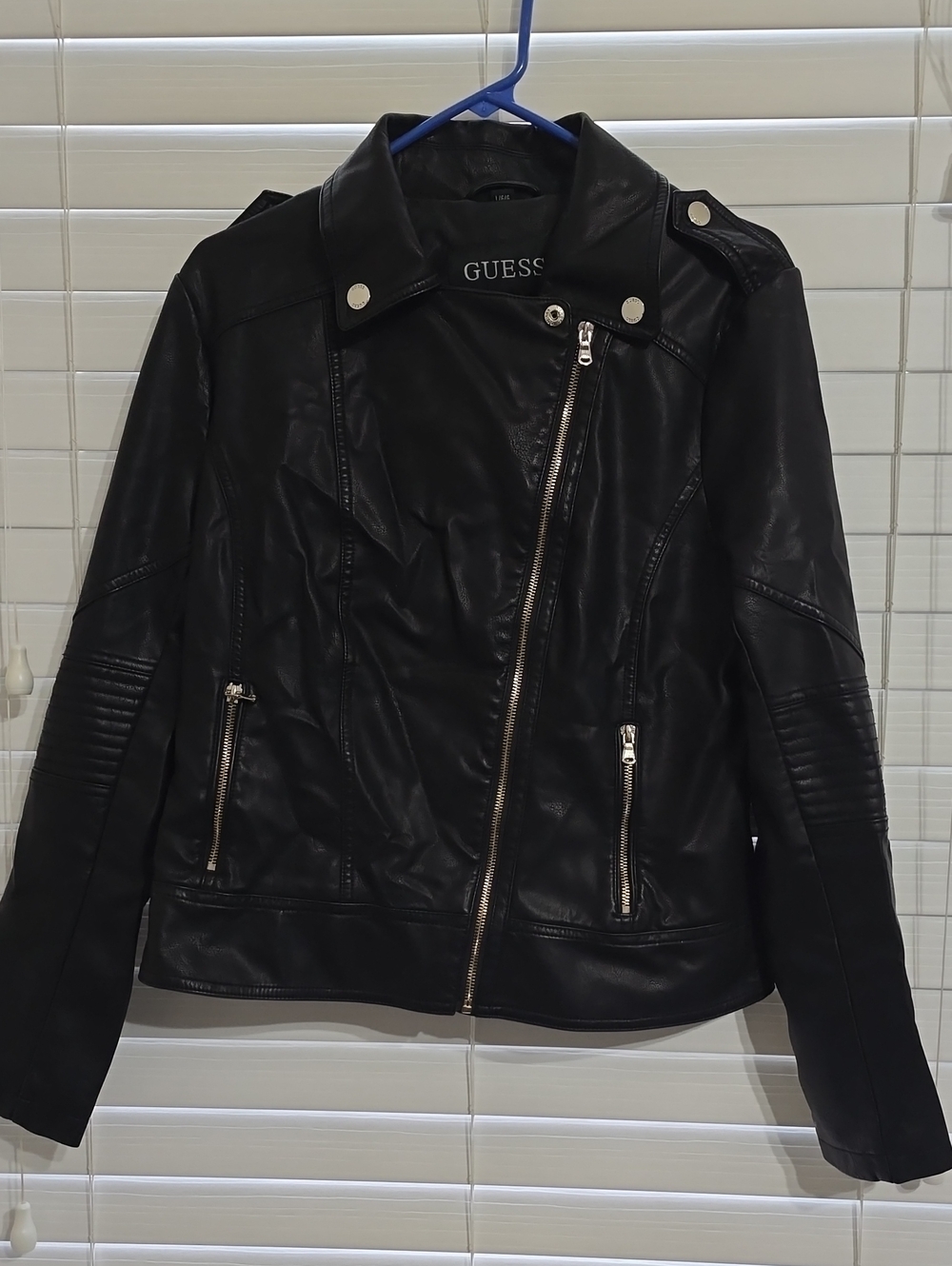 GUESS Black Faux Leather Moto Jacket with Quilted Sleeves
